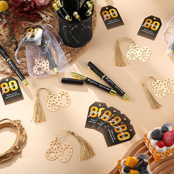 Spakon 25 Set 80th Birthday Party Favor for Guest Anniversary Party Favor Golden Birthday Bookmark Thanks for Coming Pen with Tag Appreciation Gifts for Women Men Wedding New Year