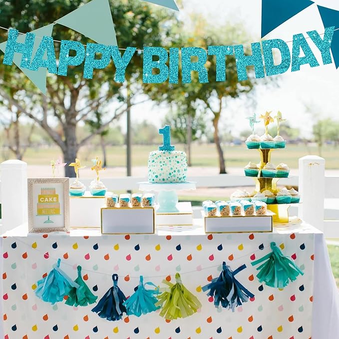 BEISHIDA 116 PCS A-Z DIY Letter Banner Kit Make Your Own Banner Glitter Lake Blue Including 111 Letters and Numbers 3 Rope and 2 Threading Device,Customized for Birthday Graduation Wedding Party Decor