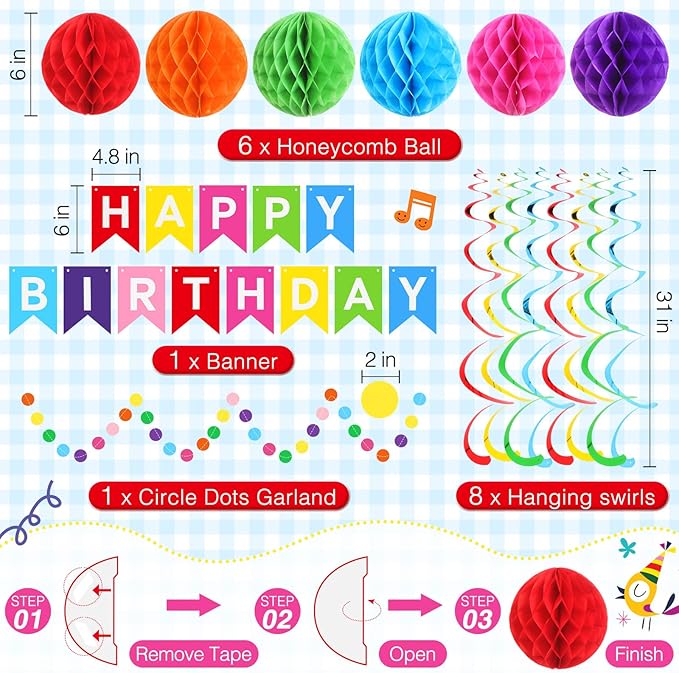 Zhehao Serves 129 Pcs Happy Birthday Party Supplies Set with Plates Napkins Cups Cutlery Rainbow Dot Birthday Decorations Kit Banner Tablecloth Hanging Honeycomb Balls Garland for Birthday Party