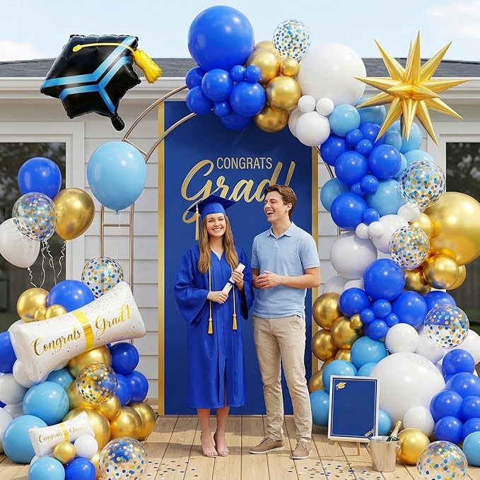 Blue Gold White Balloons Arch Kit, Blue White Balloon Arch with 4D Gold Star Graduation Certificate and Cap Foil Balloon, Royal Golden Confetti Balloons for 2026 Graduation Decoration Birthday Party