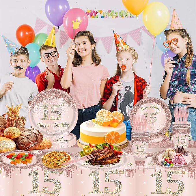 121Pcs 15th Birthday Party Supplies Plates Napkins Cups Forks Tablecloth Rose Gold Happy 15th Birthday Themed Disposable Tableware Decorations Serves 24 Guests for Girls 15 Years Birthday Decor