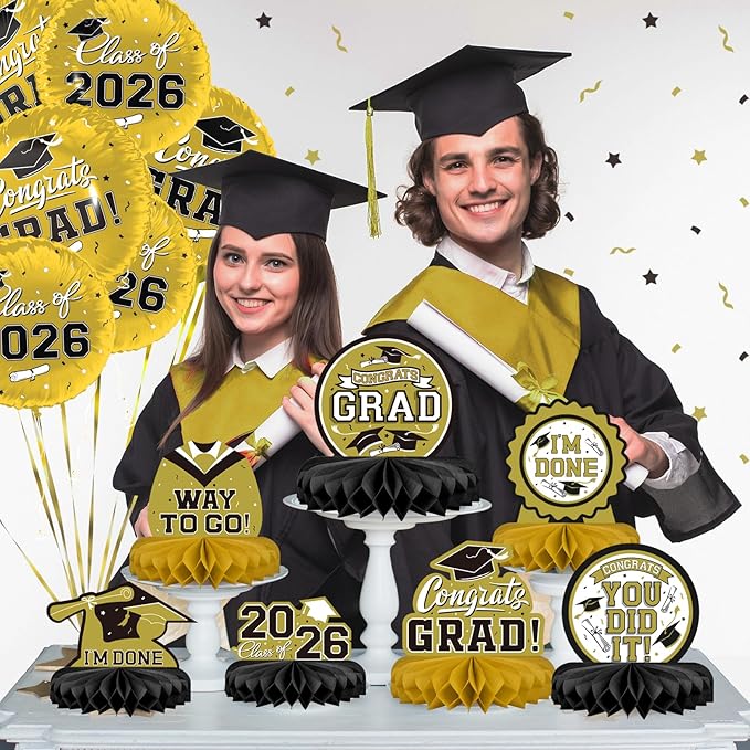 9PCS Graduation Party Decorations Class of 2026 Congrats Grad Table Centerpiece Congratulate Graduation Honeycomb Table Toppers for Graduation Party Supplies(Gold,Black）