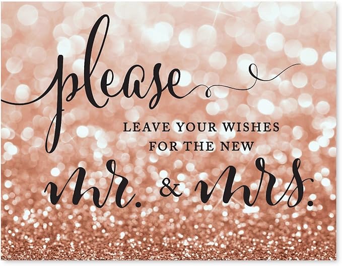 Andaz Press Wedding Party Signs, Glitzy Rose Gold Glitter, 8.5x11-inch, Please Leave Your Wishes for the New Mr. & Mrs., 1-Pack, Bokeh Colored Party Supplies