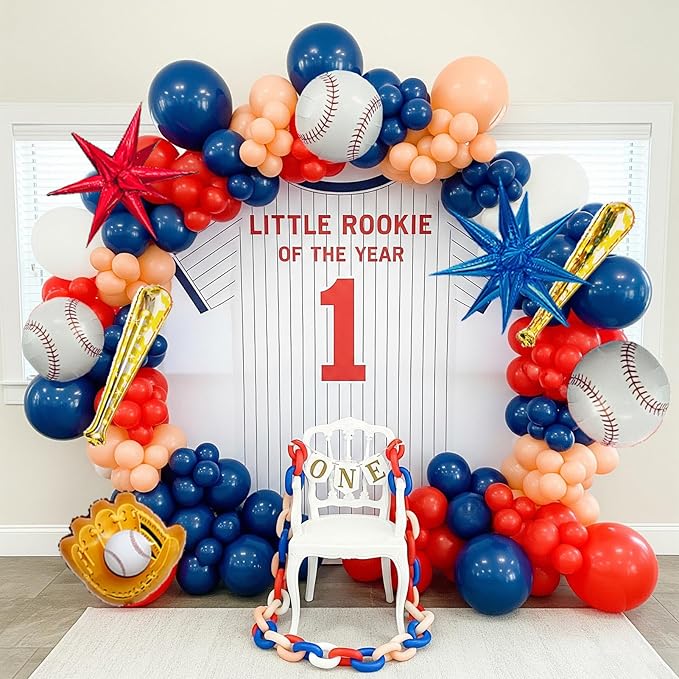 Blue Red Baseball Balloon Garland Arch Kit navy blue red apricot white with foil star balloons for Sports Theme rookie year 1st birthday party baseball baby shower decorations