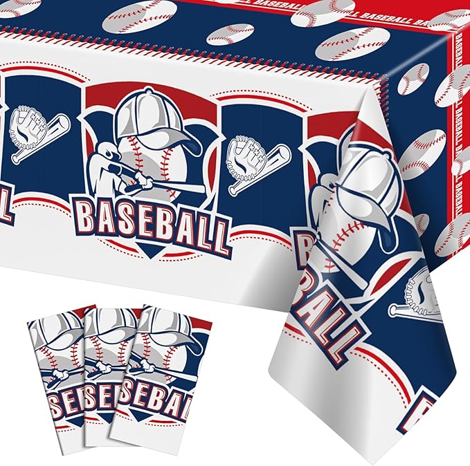 3 Pack Plastic Baseball Tablecloth, 54 x 108 Inch Disposable PE Baseball Party Tablecloth Waterproof Rectangle Baseball Theme Party Table Cover for Baseball Party Decorations