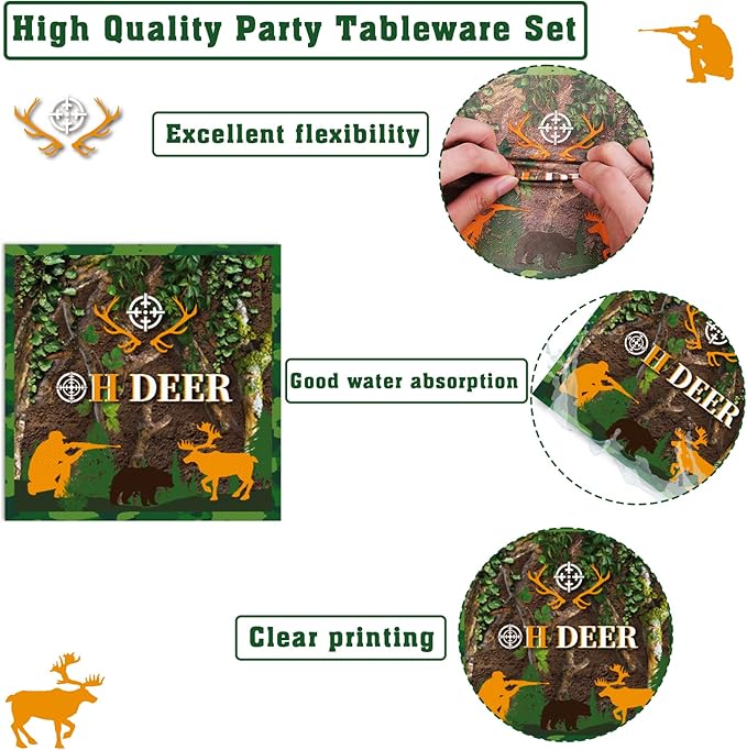 chiazllta 96 Pcs Hunting Camo Party Paper Plates and Napkins Supplies Deer Hunting Party disposable Plates Tableware Hunting decorations for Kids Party Favors 24 Guests