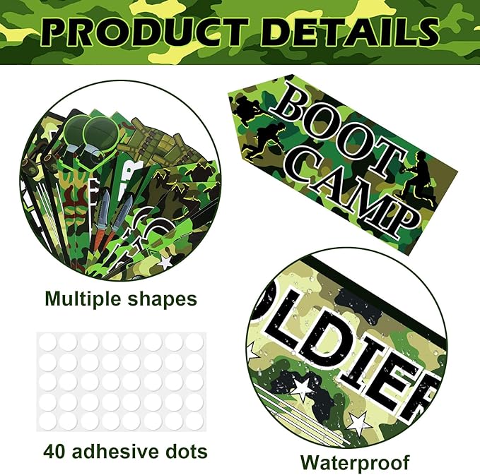 Hooqict 20 Pieces Camo Party Signs Army Birthday Party Decorations Camouflage Military Birthday Party Supplies for Boys Men Army Themed Directional Sign
