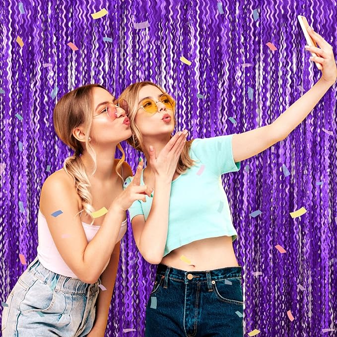 4 Pack Purple Wave Foil Fringe Curtain Backdrop, 3.28Ft x 8.2Ft Metallic Tinsel Foil Fringe Streamer Curtains for Photo Booth, Mother's Day, Easter, Birthday, Wedding Party Decoration