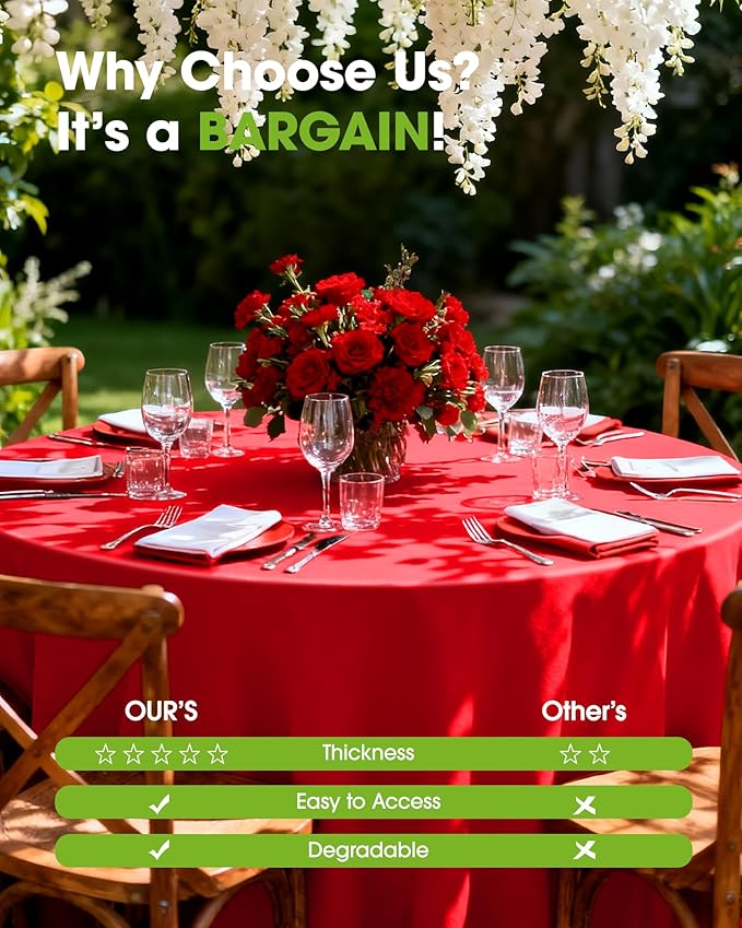 Pureegg Plastic Table Cloth Disposable 6 Pack, 84'' Round Table Cloths, Valentines Day, Thanksgiving, Christmas Decorations, Fall Tablecloths, Round, Plastic Cover, Waterproof, Red