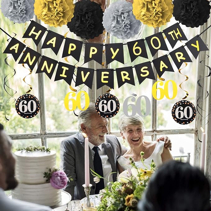 60th Anniversary Decorations Kit - Gold Glitter Happy Anniversary Banner, 9Pcs Sparkling Hanging Swirl, 6Pcs Poms - For 60th Wedding Party Decorations