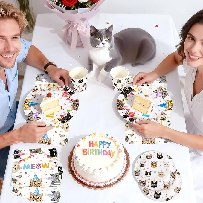 Cats Happy Birthday Party Plates Set, 168PCS Cats Themed Paper Plates Napkins Cups and Colorful Cutlery Set, 24 Set Cat Disposable Tableware Set for Birthday Party Supplies