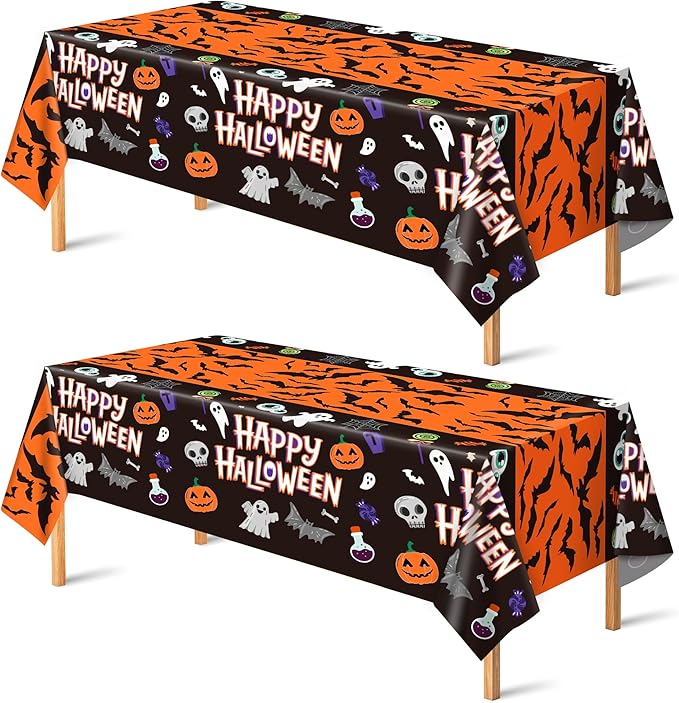 OHOME Halloween Decorations - 2 Pack Plastic Tablecloth for Halloween Party Decorations | Skeletons Bats Ghosts Pumpkin Table Decor for Outdoor Indoor Party Favors Supplies Backdrop Banner