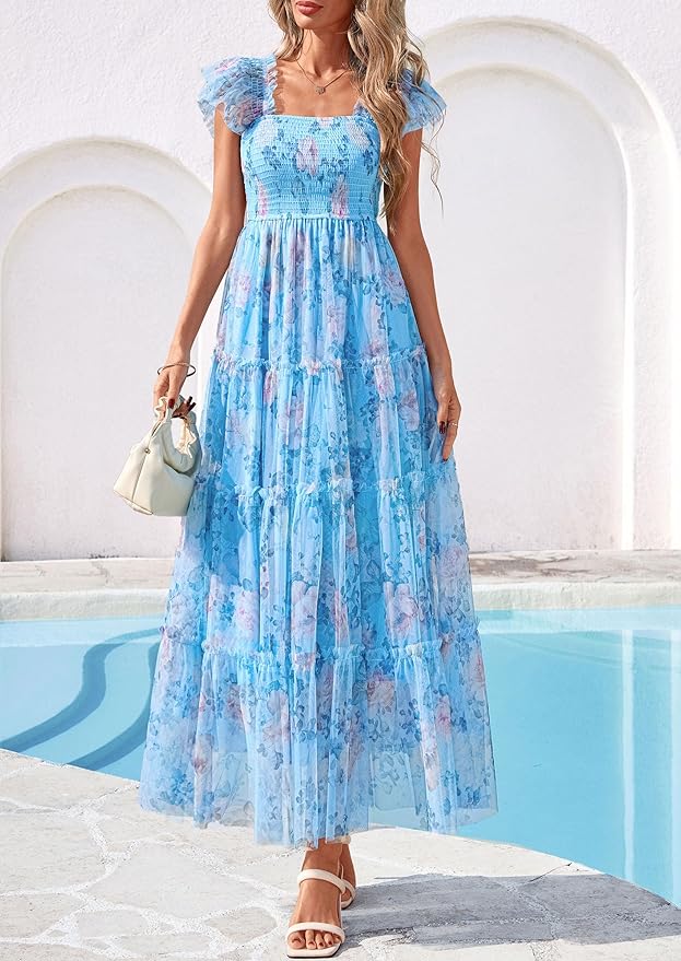 PRETTYGARDEN Women's Summer Tulle Midi Dress Sleeveless Smocked Ruffle Flowy Mesh Dresses Party Wedding Guest Sundress