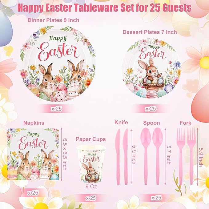 Kochorie 175 Pieces Easter Paper Plates and Napkins Disposable Colorful Eggs Easter Bunny Flower Tableware Set 7 Inch & 9 Inch Plates Napkins Cups Cutlery for Spring Holiday Party Decor, Serve 25