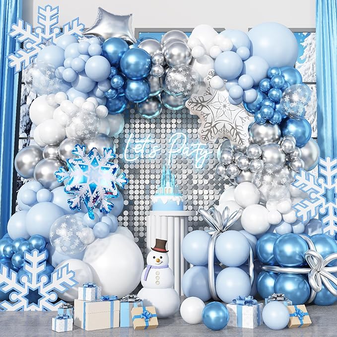 Winter Wonderland Balloon Arch Garland Kit, Baby Blue and White Balloons with Snowflake Star Foil Balloons for Ice Wonderland Christmas Baby Shower Princess Theme Birthday Party Decorations Supplies