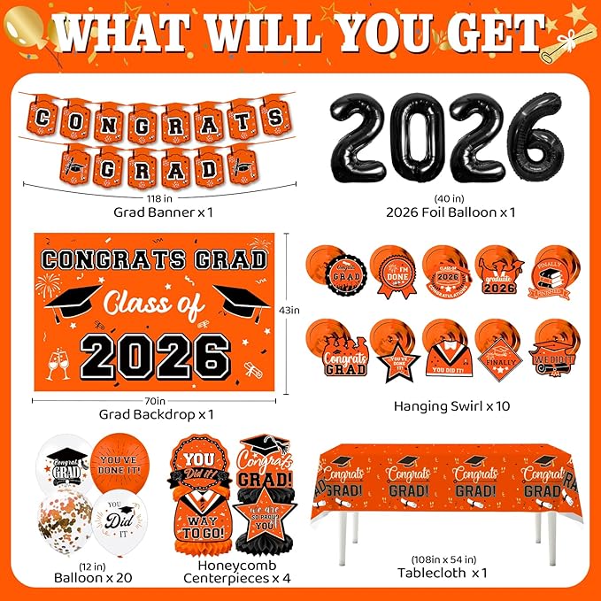 Graduation Decorations 2026, Class of 2026 Backdrop, Banner, 2026 Foil Balloons, Tablecloth, Hanging Swirls, Honeycomb Centerpieces, Party Supplies Decorations Set for College (Orange)