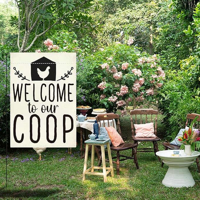 Funny Garden Flag Welcome to Our Coop Flag for Yard Outdoor Patio Best Farmhouse Chicken Coop Decor Double Sided Garden Flags 12 x18 inches