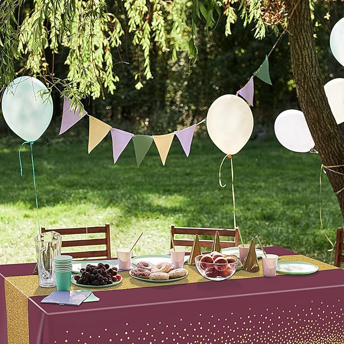 Irenare Tablecloth and Sequin Table Runner Set Polka Dots Confetti Table Cover Dining Plastic Tablecloths Glitter Decorations for Birthday Wedding Anniversary Party Supplies(Maroon, Gold,2 Pcs)