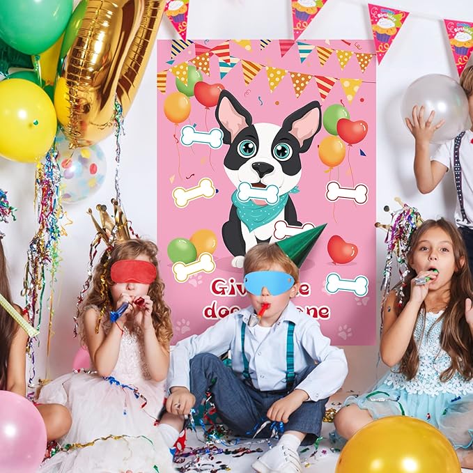 Hooqict Pin The Bone on The Dog Party Game for Kids Birthday Party Games Dog Themed Birthday Supplies Puppy Party Favors for Boys Girls, Large Pin The Tail Poster with 48 Bone Stickers