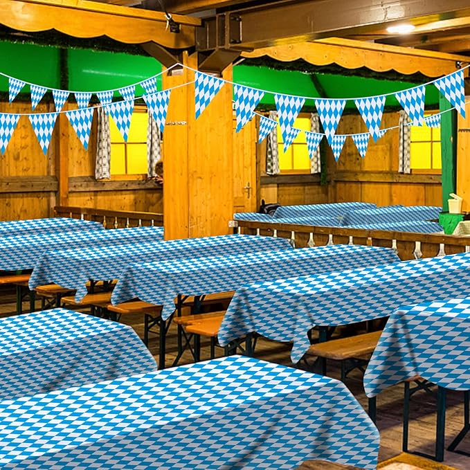 AhfuLife Oktoberfest Tablecloth, 2 Pcs Oktoberfest Tablecover 54" x 108" Bavarian Blue White Diamond Checks Disposable Tablecloth for Oktoberfest Party Picnic Tablecloth Autumn Decorations