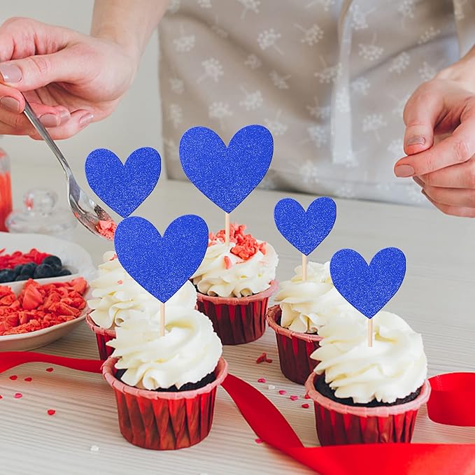 30 PCS Love Heart Cupcake Toppers Glitter Bridal Shower Sweet Love Cupcake Picks for Wedding Engagement Valentine's Day Baby Shower Birthday Party Cake Decorations Supplies Deep Blue