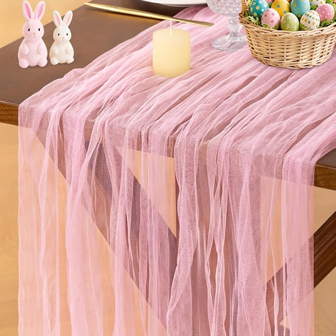 Socomi Pink Cheesecloth Table Runner Tulle Gauze Cheese clothBoho Rustic 120 inch 10FT Runner for Wedding Party Baby Shower Birthday Holiday Decorations 1pc