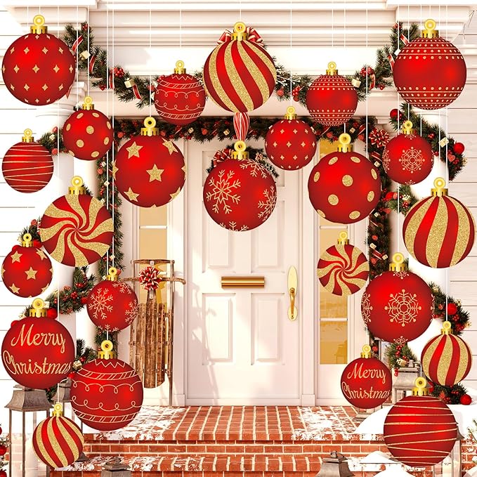 Huwena 24 Pcs Christmas Decorations Outdoor Christmas Hanging Ornaments Peppermint Candy Yard Signs Double Sided Lawn Decorations Peppermint Ornaments for Xmas(Red, Gold)