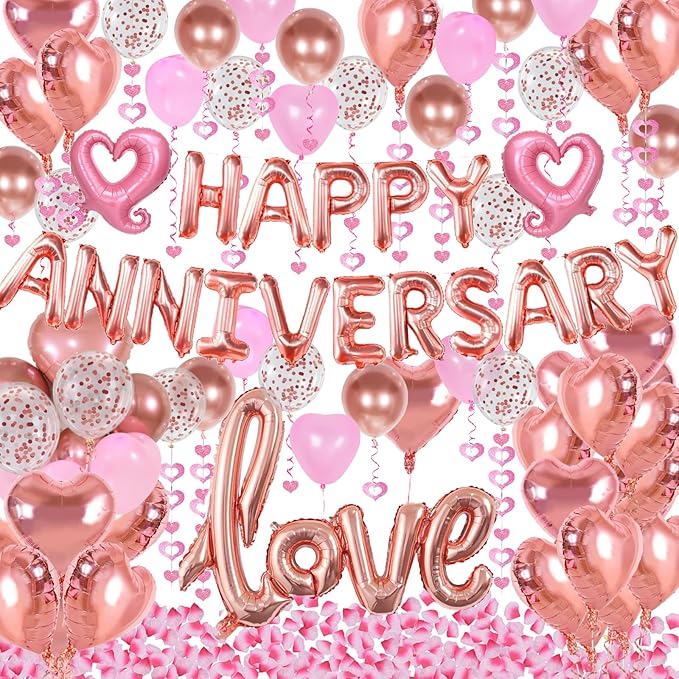 Happy Anniversary Decorations with Rose Gold Happy Anniversary Banner, Heart Balloons, Love Balloon, Silk Rose Petals and Heart Hanging Decor for Valentines Day, Wedding, Bridal Shower Decorations