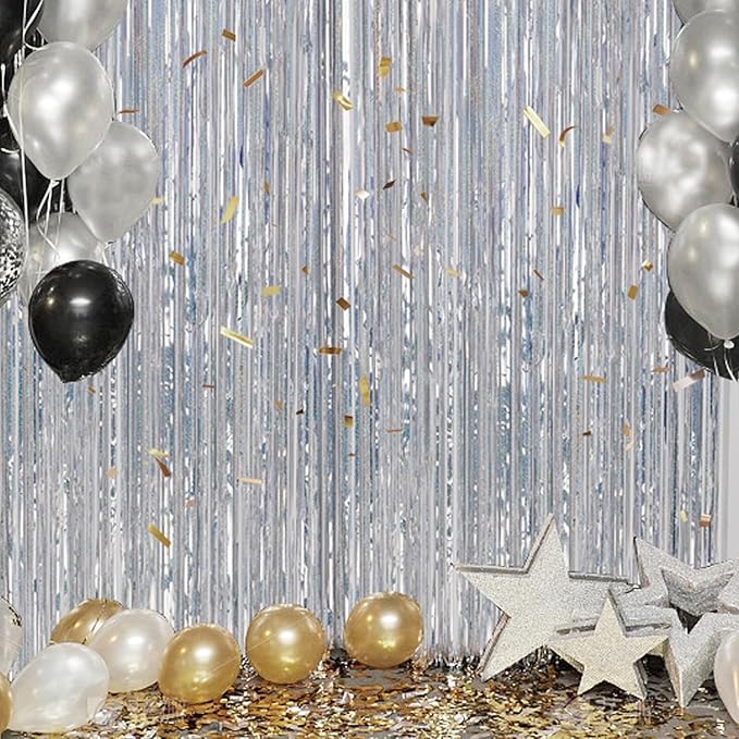2 Pack Foil Fringe Backdrop - Laser Silver Shiny Tinsel Curtains for Party Decoration/Photo Booth Props - 3.3x6.6 FT Metallic Foil Backdrop for Birthday, Wedding, Graduation, Christmas.
