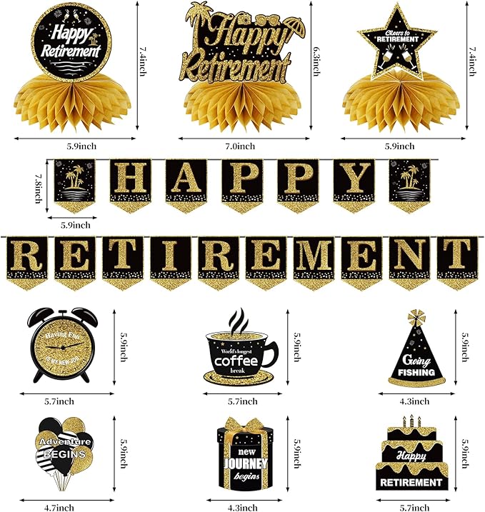 Happy Retirement Party Decorations Kit for Men Women, Black Gold Retirement Banner Honeycomb Centerpieces Swirls Retired Farewell Party Set Party Supplies for Indoor Outdoor