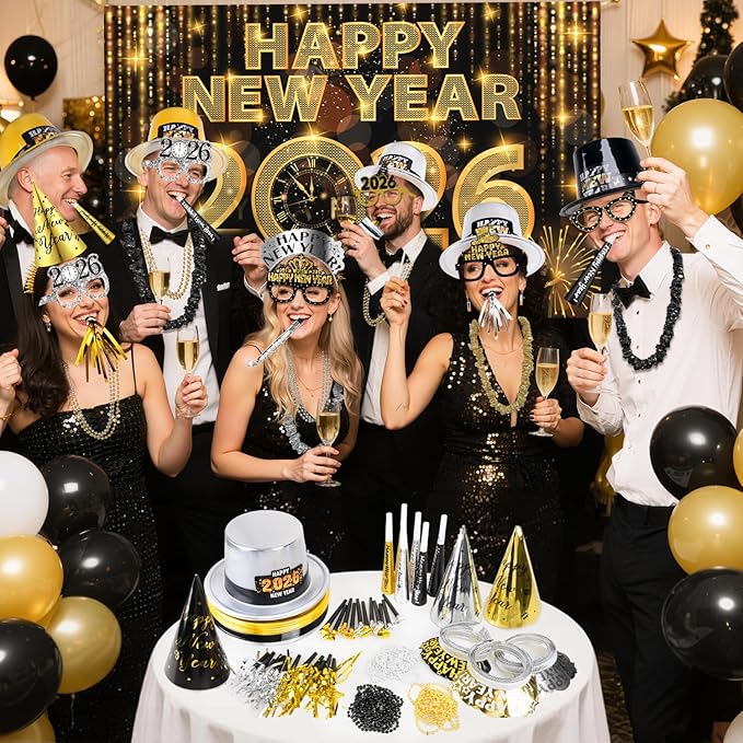 MOVINPE 2026 New Years Eve Party Supplies Bulk Serve 60 - New Year's Banner Backdrop Top Hats, Cone Hats, Tiara, Glasses, Bead Necklace, Leis, Horns, Blowouts, Noiese Makers, Event Party Favors