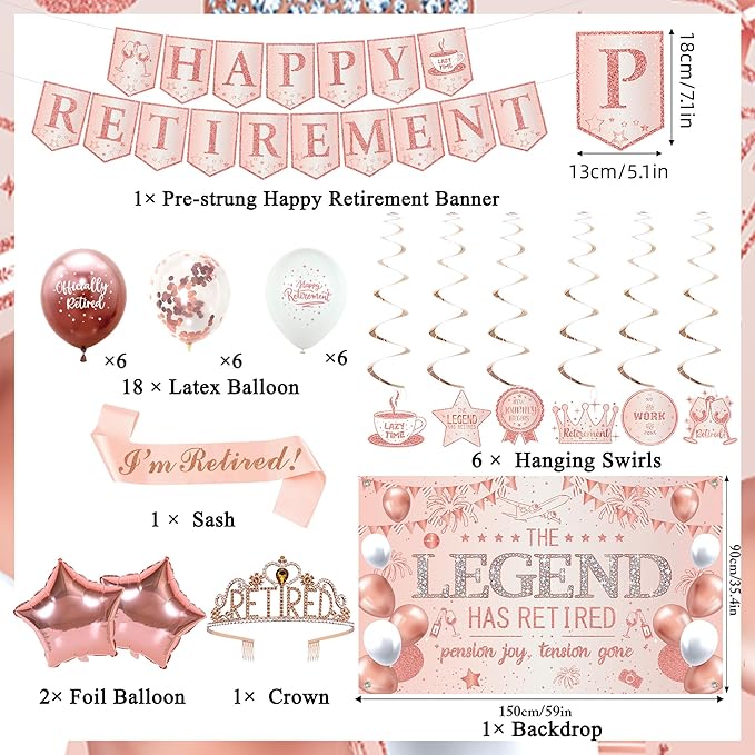 Roetyce Retirement Party Decorations Women, Rose Gold Happy Retirement Banner Backdrop Balloons Hanging Swirls for Coworker Family, Pink Lengend Has Retired Sash & Crown, Office Retired Background