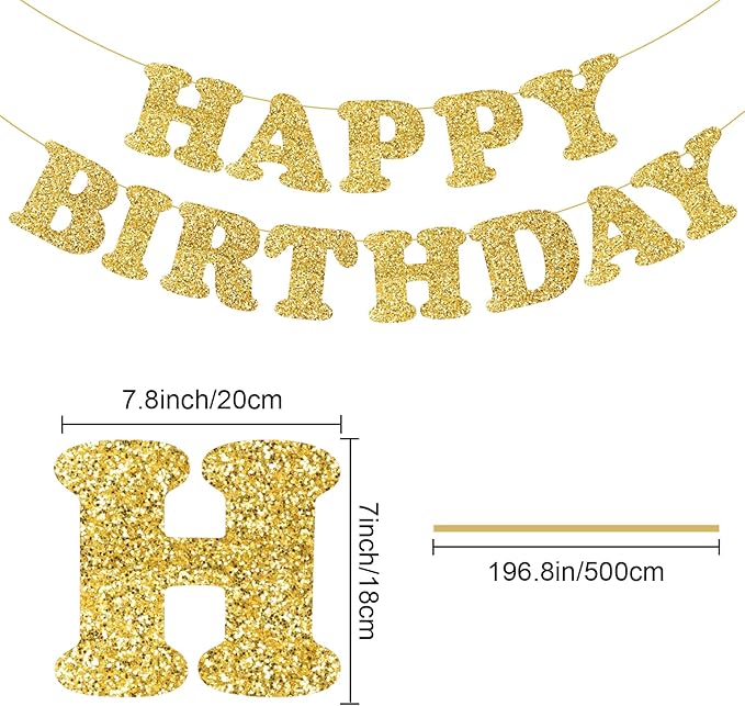 Glitter Gold Happy Birthday Banner Birthday Party Decorations Sign Garland Bunting Banner for Wall Decor Party Background for Kids Boys Girls Adults