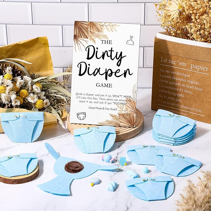 Roowest 51 Pcs Dirty Diaper Baby Shower Games Funny Wooden Sign with 50 Pcs Mini Diapers Cute Felt for Gender Reveal Party Baby Shower(Boho Blue)