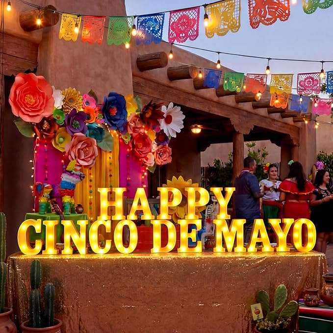 Honoson 16 Pcs Happy Cinco De Mayo Light Decorations Mexican Fiesta Party Decorations Table Decor Festival LED Lights up Sign for Mexican Fiesta Party Festival Streamers Home Decor