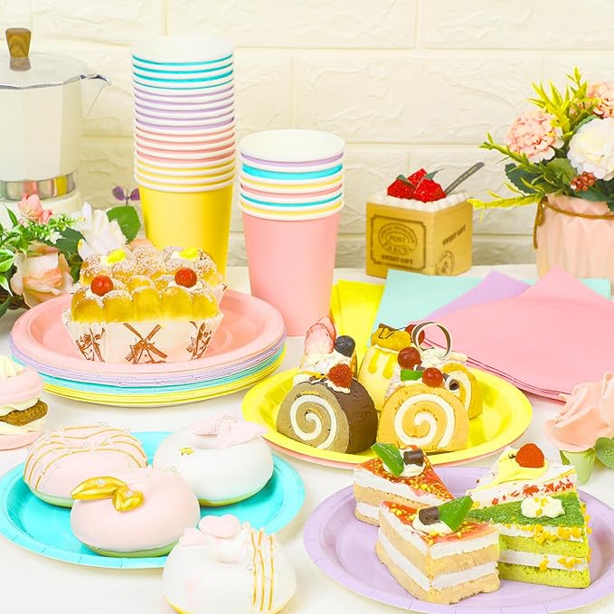 meekoo 72 Pcs Pastel Party Supplies Disposable 7" Pastel Paper Plates Napkins Paper Cups Serve 24 Guests, Macaron Color Tableware Sets for Birthday Wedding Baby Shower Party Decoration