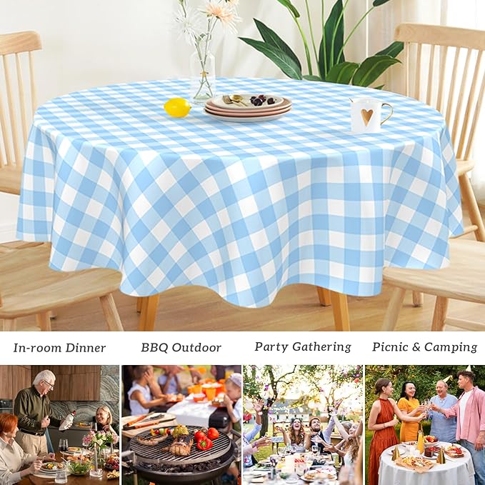 Mulbozy 2 Pcs Light Blue Gingham Round Tablecloth, 84 inches Disposable Plastic Light Blue and White Checkered Circle Table Covers for Baby Shower Wedding Bridal Shower Birthday Party Decorations