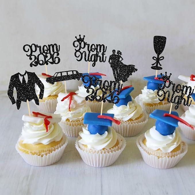 Gyufise 24Pcs Prom Cupcake Topper Prom Decorations for Party 2026 Graduation Cupcake Topper 2026 Graduation Decorations Black