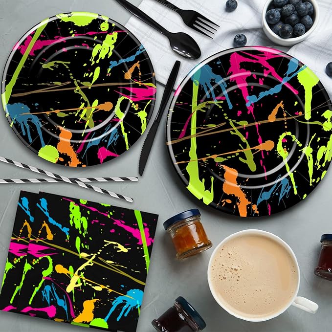 Neon Party Supplies Tableware - Glow Party Decorations Include Plate, Cup, Napkin, Tablecloth, Cutlery, Straw - Graffiti Theme Birthday Baby Shower Decorations | Serve 24