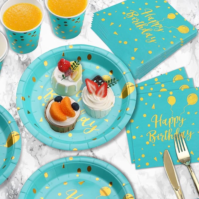 175PCS Teal and Gold Birthday Decorations, Teal Birthday Supplies Includes Disposable Paper Plates and Napkins, Cups, and Gold Plastic Sliverware for Party, Baby Shower, Serves 25