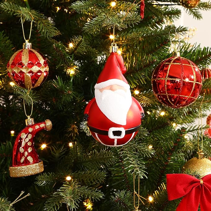Alupssuc 100 Pcs Christmas Ball Ornaments Set, Santa Claus and Snowman Christmas Decoration Baubles for Indoor Outdoor Holiday Wedding Party Decoration Tree with Hanging Rope, Red & Gold