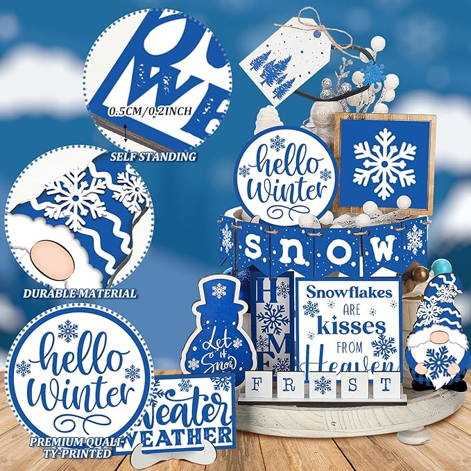 Winter Tiered Tray Decor Set Hello Winter Snowman Wooden Signs Snowflake Decorations Rustic Farmhouse Blocks Sign for Home Table Harvest Holiday