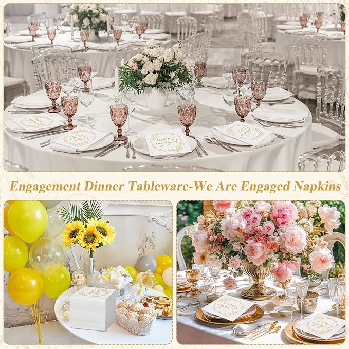 Kosiz 200 Pack We're Engaged Napkins Gift 3 Ply Disposable Paper Engagement Cocktail Napkins for Wedding Party Beverage Dinners Cake Tableware Decorations, 4.5 x 4.5 Inch