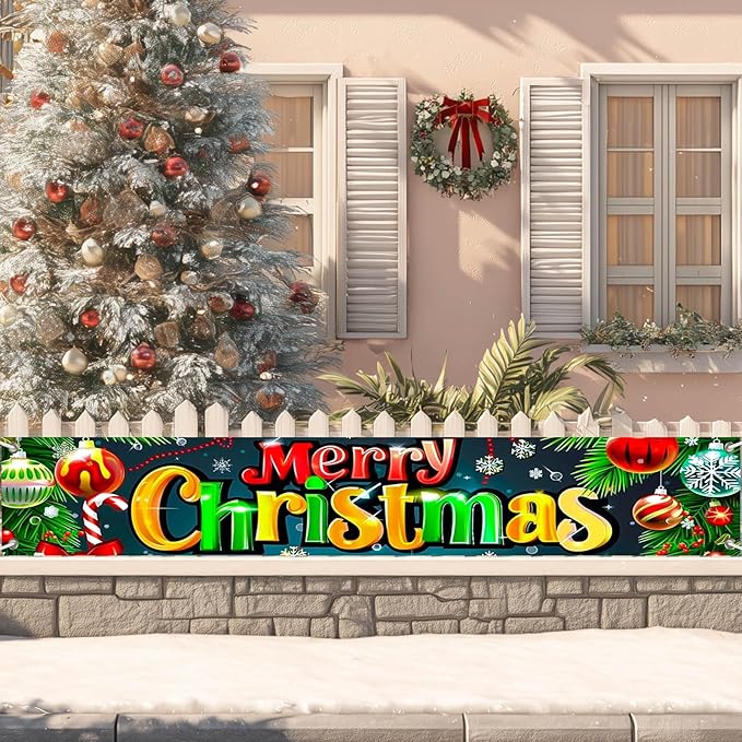 Merry Christmas Decorations Banner 118x20 Inch Polyester Fabric Ornaments Tree Branches Holly Design for Indoor Outdoor Garden Fence Banner Outdoor Porch sign Party Supplies