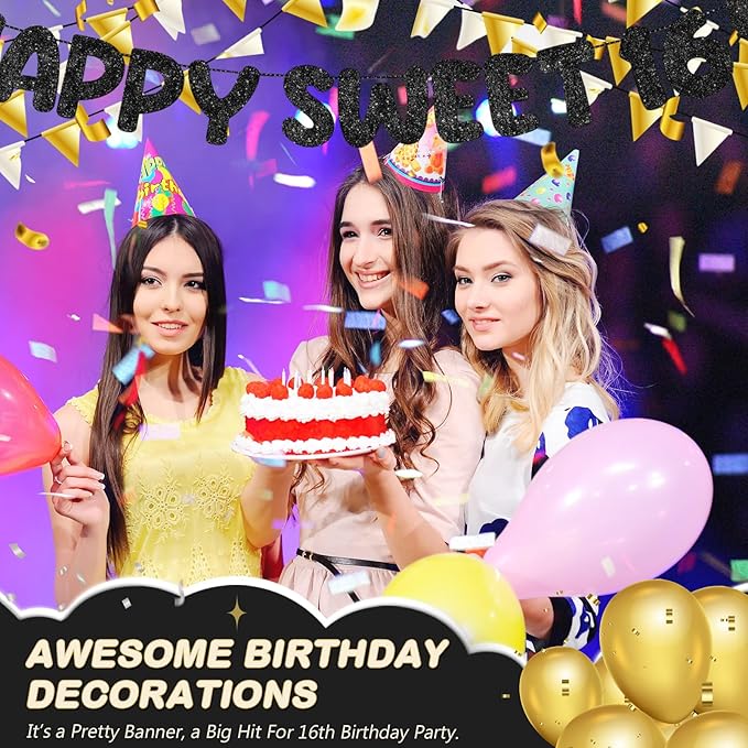 Fulmoon Pre Strung Happy Sweet 16 Banner Glitter Sixteenth Birthday Party Decorations 16th Party Sign Sweet 16 Party Decorations for Birthday Party Bachelorette Party(Black)