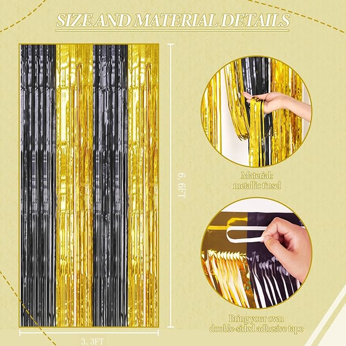 2 Pack Foil Fringe Backdrop - Black&Gold Shiny Tinsel Curtains for Party Decoration/Photo Booth Props - 3.3x6.6 FT Metallic Foil Backdrop for Birthday, Wedding, Graduation, Christmas.