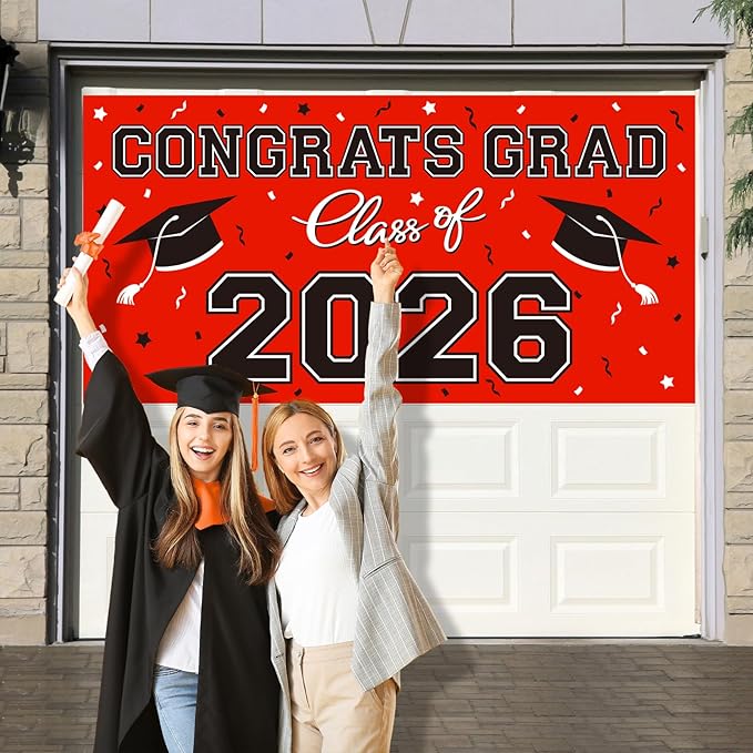 2026 Graduation Party Plastic Backdrop - 65" x 32.7" Congrats Grad Banner in Red, Large Class of 2026 Decorations, Photography & Grad Party Supplies