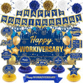 Happy Work Anniversary Decorations Blue Gold Happy Workiversary Banner Honeycomb Centerpieces Hanging Swirls Tissue Paper Pompoms Sash for Men Office Employee Worker Anniversary Appreciation Supplies