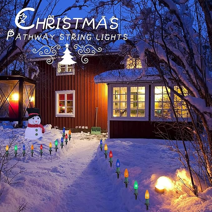 C9 Christmas Pathway Lights Outdoor, 25.7 Feet 20 LED C9 Strawberry Walkway Lights with Marker Stakes, Connectable Shatterproof C9 String Lights for Lane Outside Yard Decorations, Multicolored