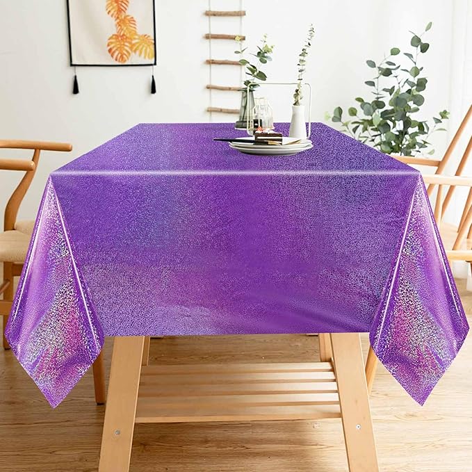 2 Pack Light Purple Iridescent Plastic Tablecloth Disposable 54 × 108 Inch Glitter Holographic Foil Table Cloth Plastic Laser Rectangle Table Cover for Birthday Wedding Disco Party